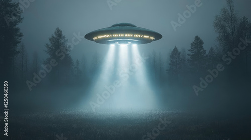 Fototapeta Naklejka Na Ścianę i Meble -  3d ufo spaceship realistic abduction light beam background. Futuristic spacecraft ship glowing extraterrestrial area at night fog. Different flying aircraft bulb spotlight ray on black background.