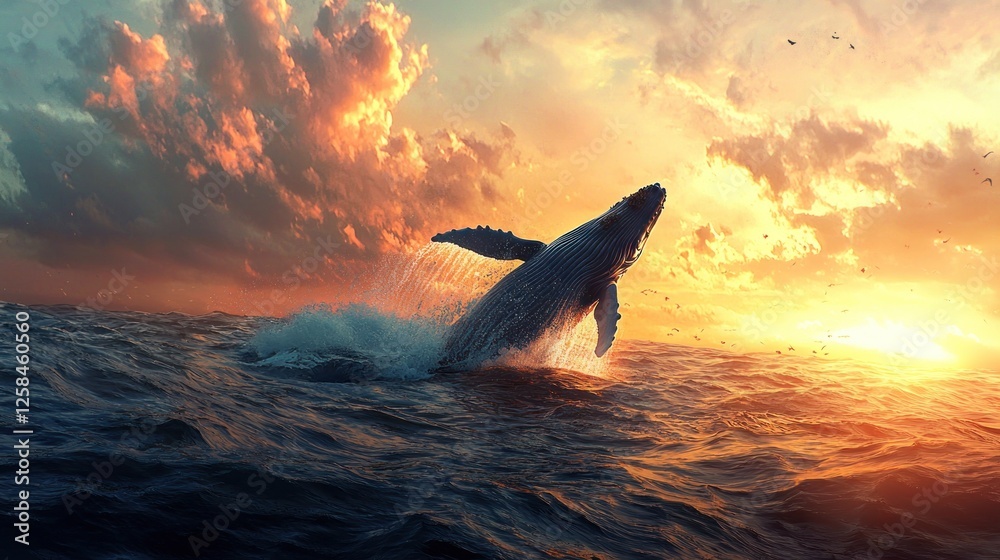 Fototapeta premium Majestic Whale Leaps at Sunset: A breathtaking view of a humpback whale soaring through the ocean waves during a vibrant sunset, showcasing the beauty of nature.