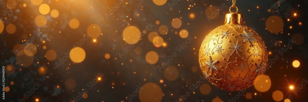 Sparkling gold ornaments suspended in mid-air, sparkle, shine, festive Sparkling gold ornaments suspended in mid-air, sparkle, shine, festive