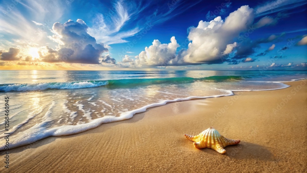 Serene Seascape Starfish on a Golden Sandy Beach at Sunrise with Gentle Waves and Dramatic Clouds Serene Seascape Starfish on a Golden Sandy Beach at Sunrise with Gentle Waves and Dramatic Clouds