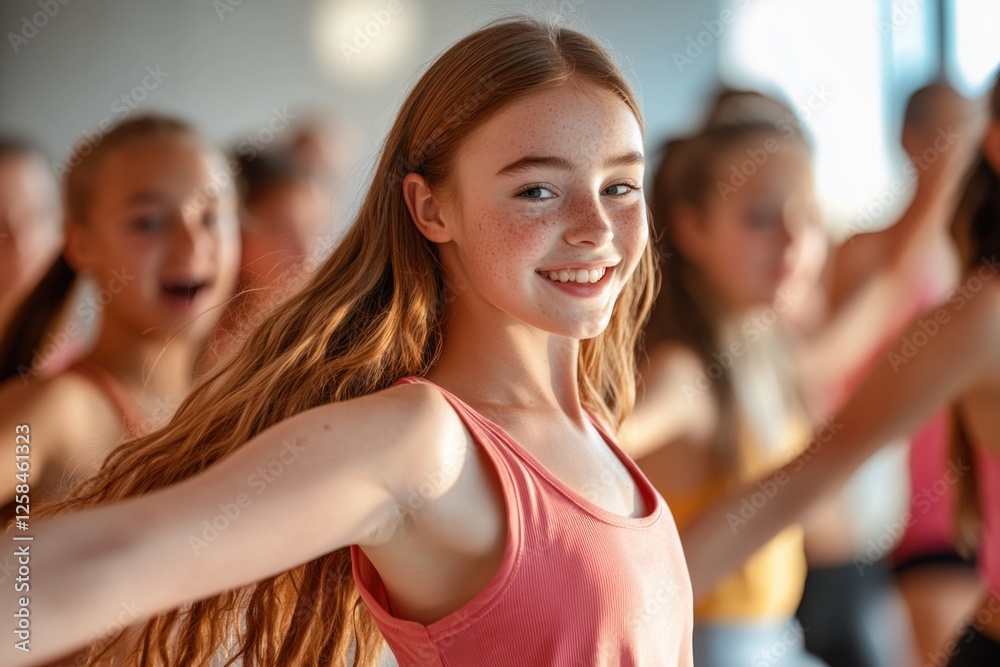 Young woman enjoying music and dance in a colorful outfit Young woman enjoying music and dance in a colorful outfit
