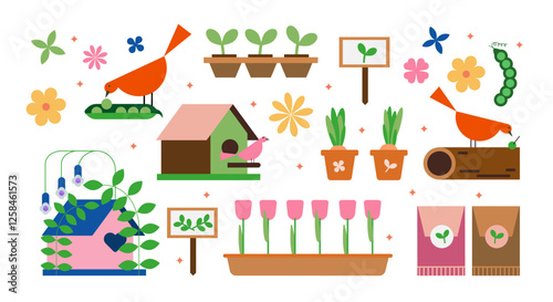 Set of Cute Spring Elements. Garden and birds Simple geometry shapes in flat style. Fanny Stickers for collage. Abstract modern vivid elements for design. Spring symbols, Birdhouse in Flowers 