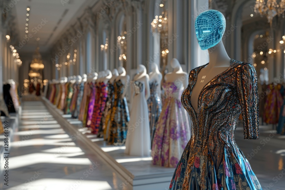 A stylish mannequin with a digital head showcases a vibrant dress in a luxurious fashion display surrounded by elegant gowns. A stylish mannequin with a digital head showcases a vibrant dress in a luxurious fashion display surrounded by elegant gowns.