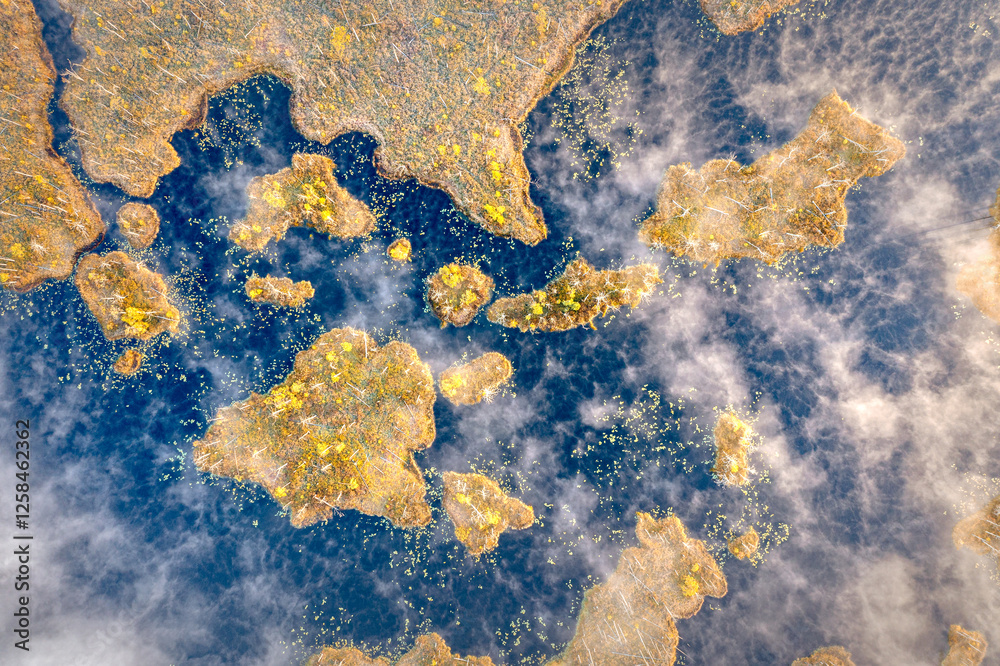 Drone panorama on tiny isles in lake in colorful sunrise colors. Top down view on swamp with isle. Sustainable ecosystem of wetlands.