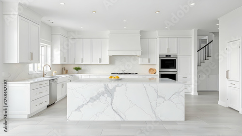 Open Concept: A spacious, open kitchen with white cabinetry, a sleek marble island, and no overhead cabinets.