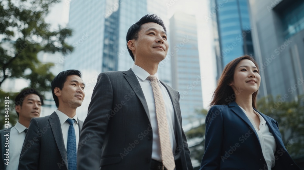Group of businesspeople outside tall buildings, potential for office or corporate use Group of businesspeople outside tall buildings, potential for office or corporate use