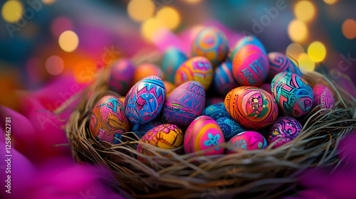 Vibrant and colorful Easter eggs beautifully arranged in a nest, celebrating the joy of Easter Sunday photo