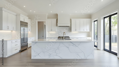 Open Concept: A spacious, open kitchen with white cabinetry, a sleek marble island, and no overhead cabinets.