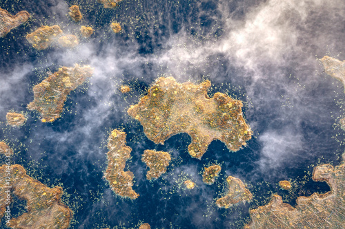 Drone panorama on tiny isles in lake in colorful sunrise colors. Top down view on swamp with isle. Sustainable ecosystem of wetlands.
