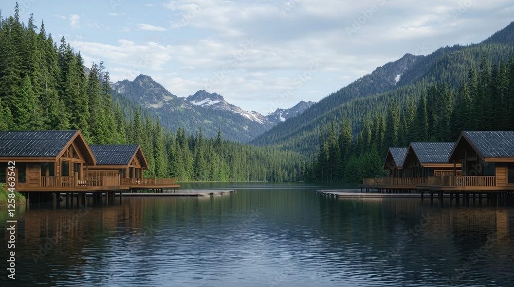 Fototapeta premium Tranquil Lake Scene with Wooden Cabins Surrounded by Forested Mountains