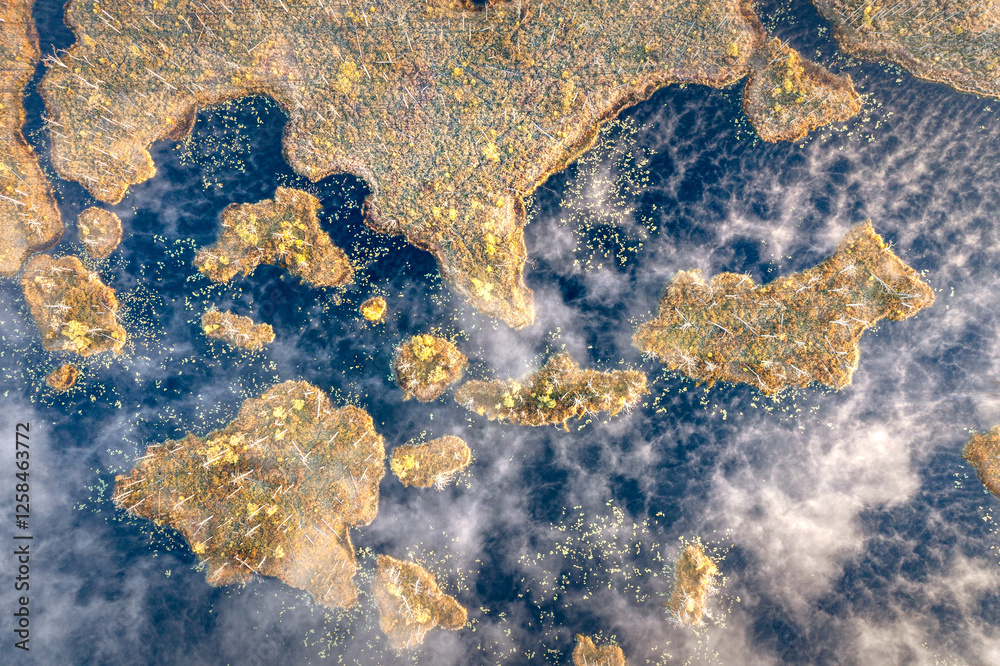 Drone panorama on tiny isles in lake in colorful sunrise colors. Top down view on swamp with isle. Sustainable ecosystem of wetlands.