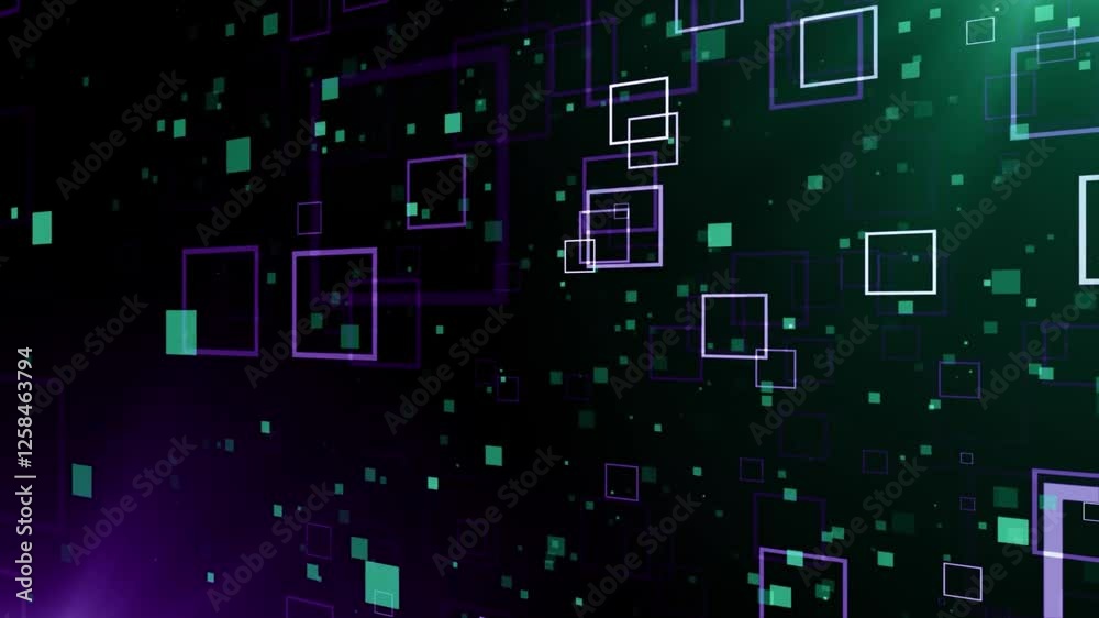 Technology intro, abstract composition, dark background, squares of different sizes, dynamic visual effect, modern