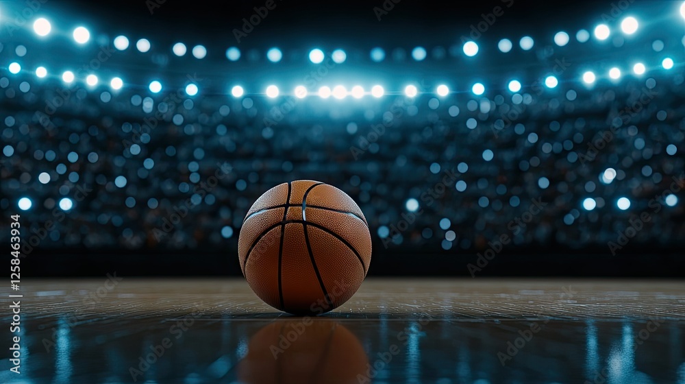 Basketball rests on the court illuminated by bright arena lights during an exciting sports event at a packed stadium Basketball rests on the court illuminated by bright arena lights during an exciting sports event at a packed stadium