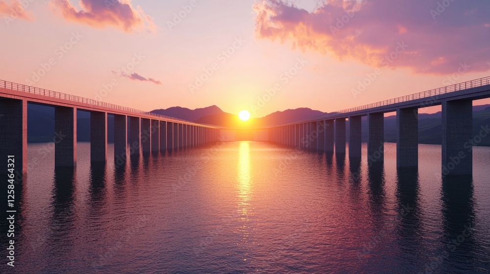 Fototapeta premium Sunset Reflection Over Bridge and Water in Serene Landscape