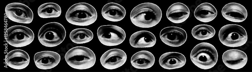 Diverse arrangements of eyes in halftone collage on black background showcasing varied expressions and perspectives over a creative layout.
