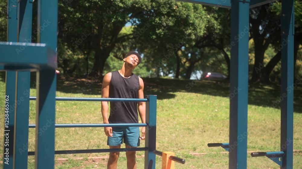 Athletic African American man performing a warm-up sequence and stretching in a fitness park, captured in natural sunlight with wide framing Athletic African American man performing a warm-up sequence and stretching in a fitness park, captured in natural sunlight with wide framing