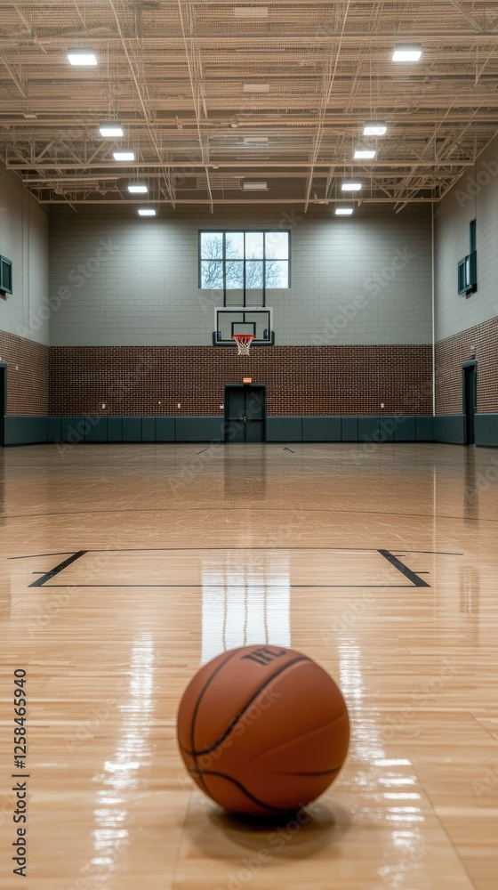 A lone basketball rests on the polished surface of a gymnasium court, surrounded by silence on a cloudy afternoon A lone basketball rests on the polished surface of a gymnasium court, surrounded by silence on a cloudy afternoon
