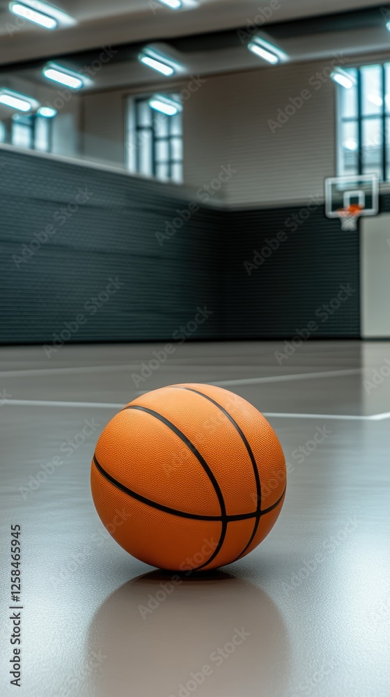Fototapeta premium Basketball on the court in a modern indoor gym during daylight, inviting practice and training sessions for players of all levels