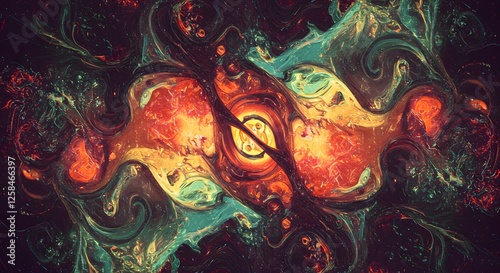 Abstract Artistic Swirling Fluid Acrylic Painting with Vibrant Orange and Teal