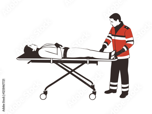 A paramedic in a red uniform using a defibrillator on a patient lying on a stretcher, isolated on white background.
