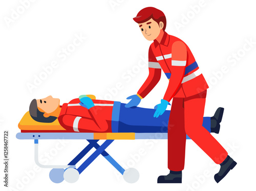 A paramedic in a red uniform using a defibrillator on a patient lying on a stretcher, isolated on white background.
