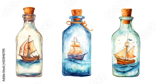 Watercolor set of glass bottles with ships inside. Souvenir glass bottle with ship on wave inside. Sea voyage in a bottle. Sailing crafts. Miniature sea vessels on the sea or ocean. 