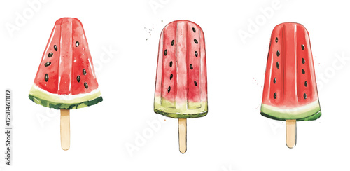 Set of watermelon popsicles in the shape of a watercolor watermelon. Pieces of watermelon in the shape of ice cream on a wooden stick. Summer refreshing fruit desserts. Vector illustration.