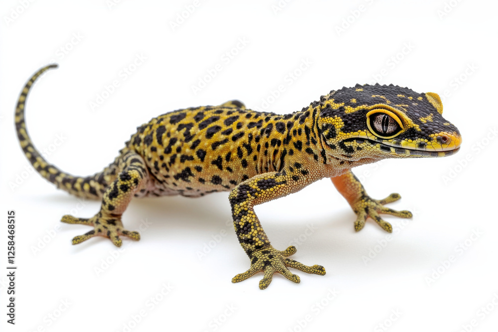 Naklejka premium Leopard gecko with unique spotted skin, standing on white to capture exotic appeal