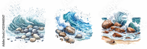 Watercolor sea waves with stones set. Seashore with stones washed by sea waves with sea foam. Sea, ocean and summer concept. Vector illustration.