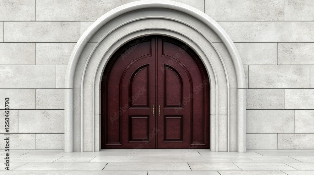 Elegant wooden double doors in an arched stone entrance with a smooth grey exterior in well-lit surroundings Elegant wooden double doors in an arched stone entrance with a smooth grey exterior in well-lit surroundings