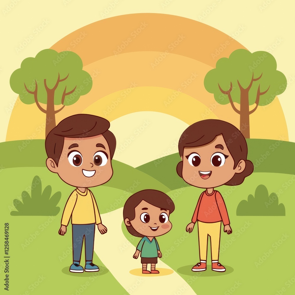 Parents and children playing together in a lush green park during sunset, joyful expressions, natural light. Family cartoon Parents and children playing together in a lush green park during sunset, joyful expressions, natural light. Family cartoon