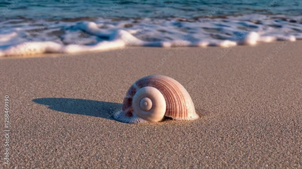 Close-up video of a seashell on a sandy beach with waves in the background, captured from a low angle, highlighting natural textures and tranquility.