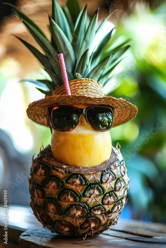 A pineapple with sunglasses and a straw hat, sipping a smoothie from a coconut