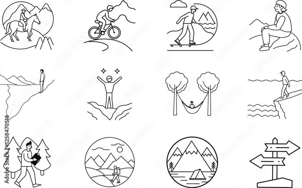 Obraz premium Outdoor Adventure Activities Hiking, Cycling, Camping, and Relaxation Icons
