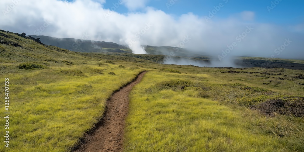 Scenic Mountain Trail Through Lush Grassy Area Scenic Mountain Trail Through Lush Grassy Area