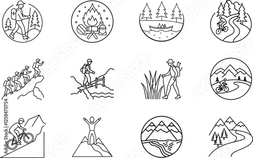 Outdoor Adventure Icons Hiking, Camping, Canoeing, Mountain Biking