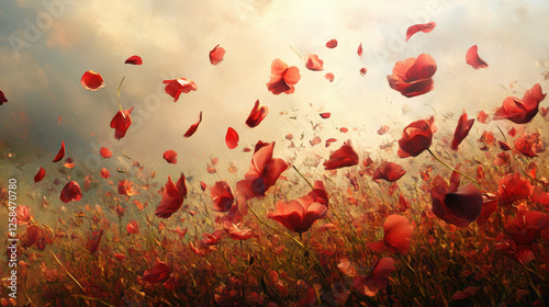 Red Poppies Blowing in the Wind at Sunset
