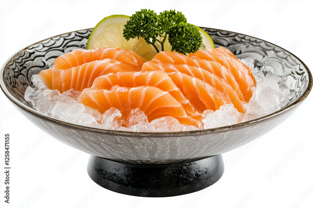 Fresh Salmon Sashimi on Ice with Garnish Fresh Salmon Sashimi on Ice with Garnish