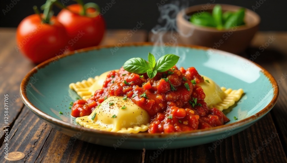 Steaming hot ravioli with rich ragout sauce on a rustic wooden table, food, Italian food, ragout sauce Steaming hot ravioli with rich ragout sauce on a rustic wooden table, food, Italian food, ragout sauce
