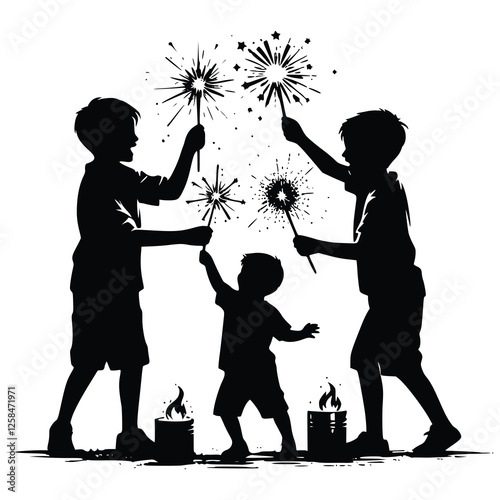 Silhouette children playing with sparklers generative ai