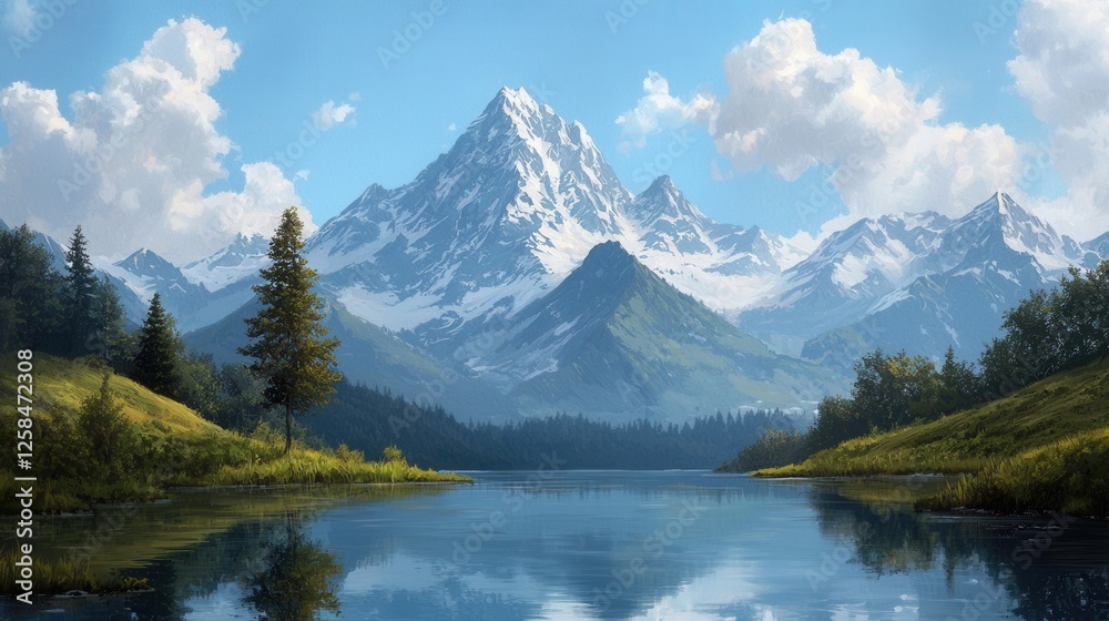 Majestic Mountain Landscape with Clear Reflection in Serene Lake Majestic Mountain Landscape with Clear Reflection in Serene Lake