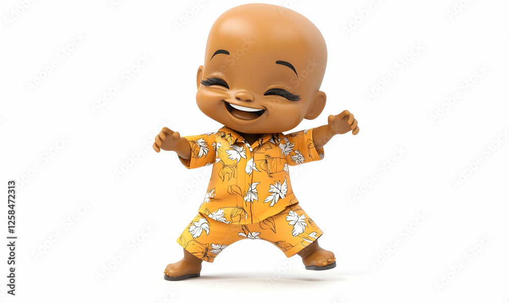 Cartoon baby in a yellow floral shirt and shorts, joyful expression, studio shot, possible use for children's product advertisement Cartoon baby in a yellow floral shirt and shorts, joyful expression, studio shot, possible use for children's product advertisement