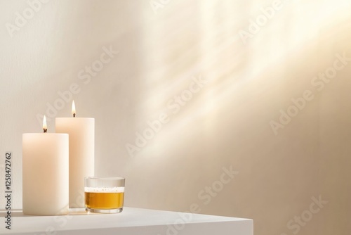 Soft candlelight illuminates serene space, creating calming atmo photo