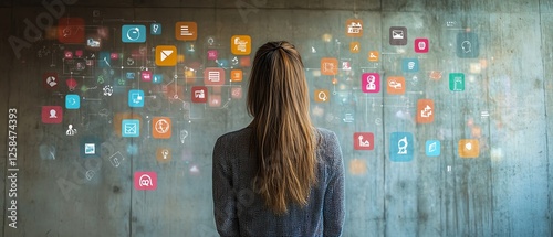 Woman with brunette hair viewing a concrete wall covered in colorful icons symbolizing job vacancies, internships, and recruitment process photo