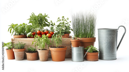 Greenhouse furniture and plants set isolated on white background. Vector cartoon illustration of tomato bushes growing in wooden box, green grass in flowerpot, clay pots stack, metal bucket, waterer