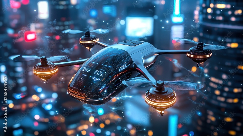 Futuristic Drone Taxi Soaring Above a Vibrant Metropolis at Night Futuristic Drone Taxi Soaring Above a Vibrant Metropolis at Night