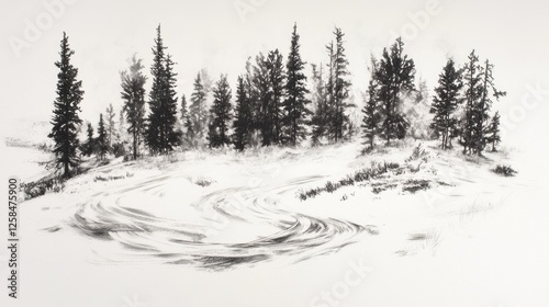Winter's Embrace: A Charcoal Sketch of a Frozen River and Coniferous Forest
