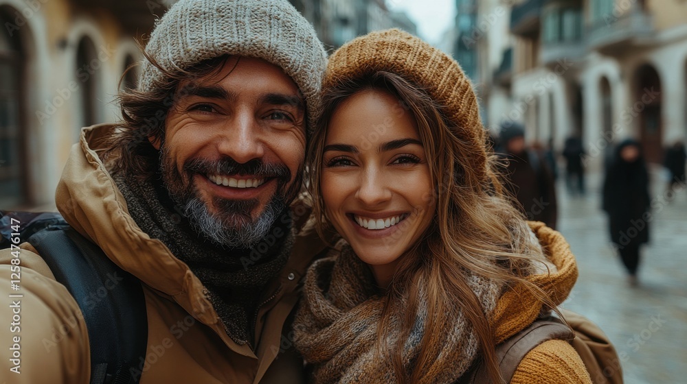 Smiling Couple Enjoying Winter Day Outdoors in a City Setting Smiling Couple Enjoying Winter Day Outdoors in a City Setting