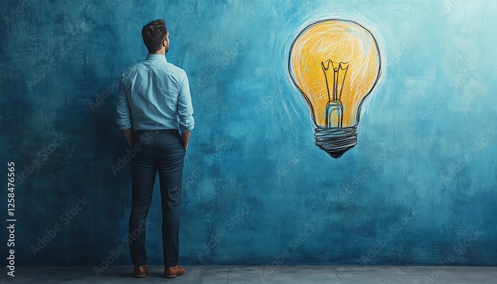 Obraz premium Businessman sketching a vibrant light bulb on a light blue wall, representing innovation and new startup ideas, brainstorming creativity concept