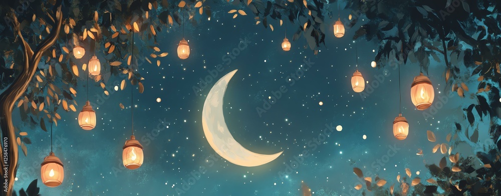 Fototapeta premium A serene night sky with a crescent moon surrounded by glowing lanterns and stars.